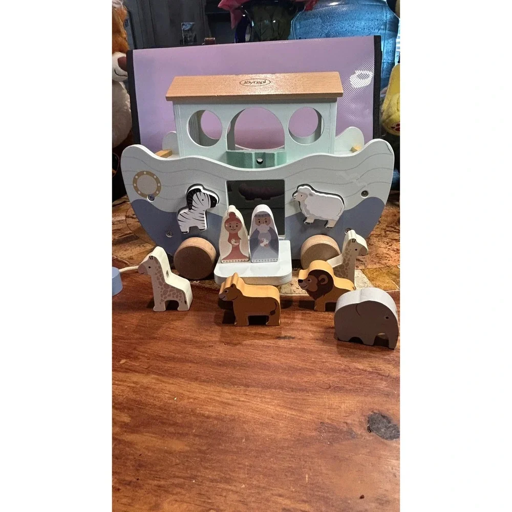 Joyreal Noahs Ark Wooden Pull Toy Shape Sorter Animal Figures Toddler Play Set